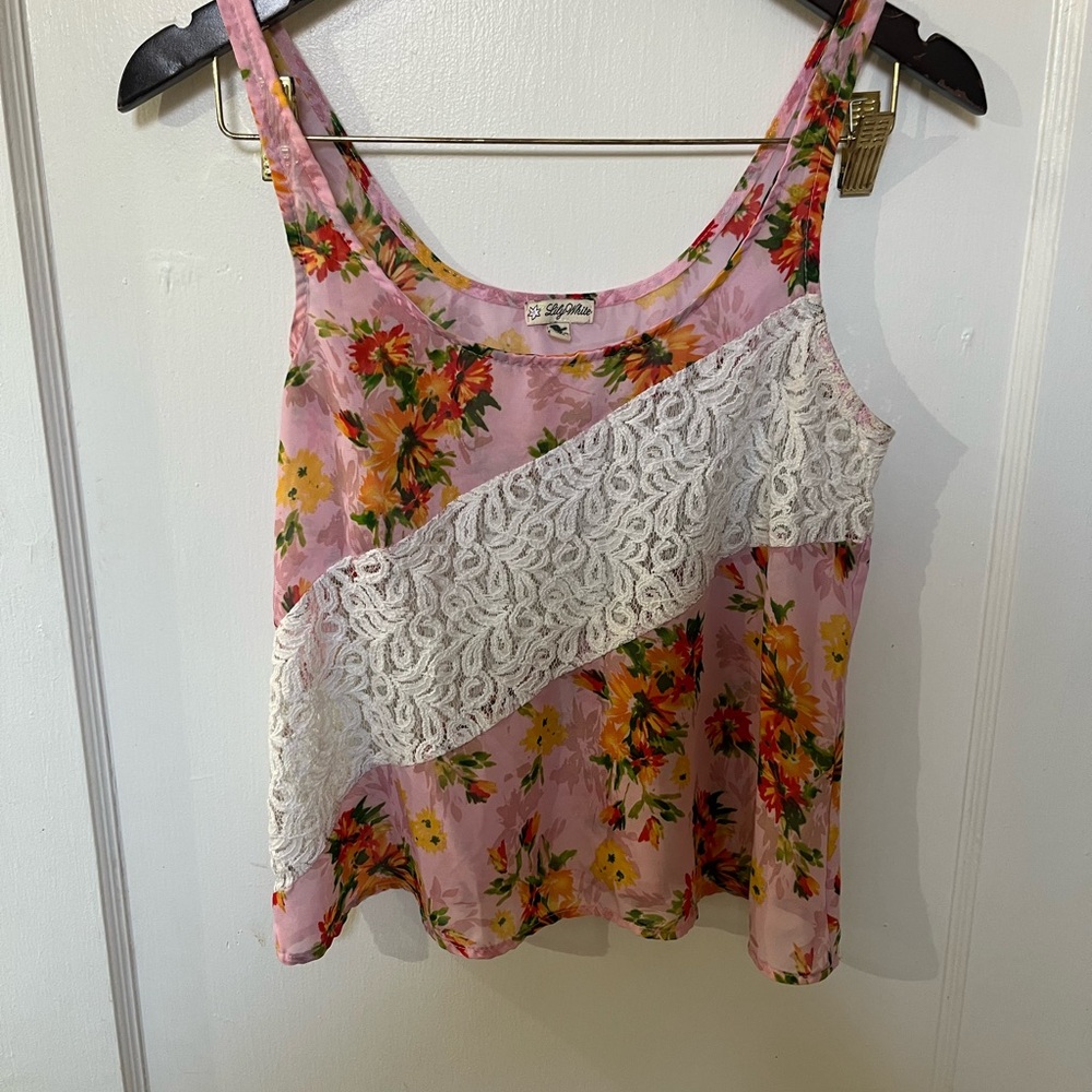 Lily White Size Small Pink Floral Lace Panel Tank Top | Boho Sleeveless Blouse